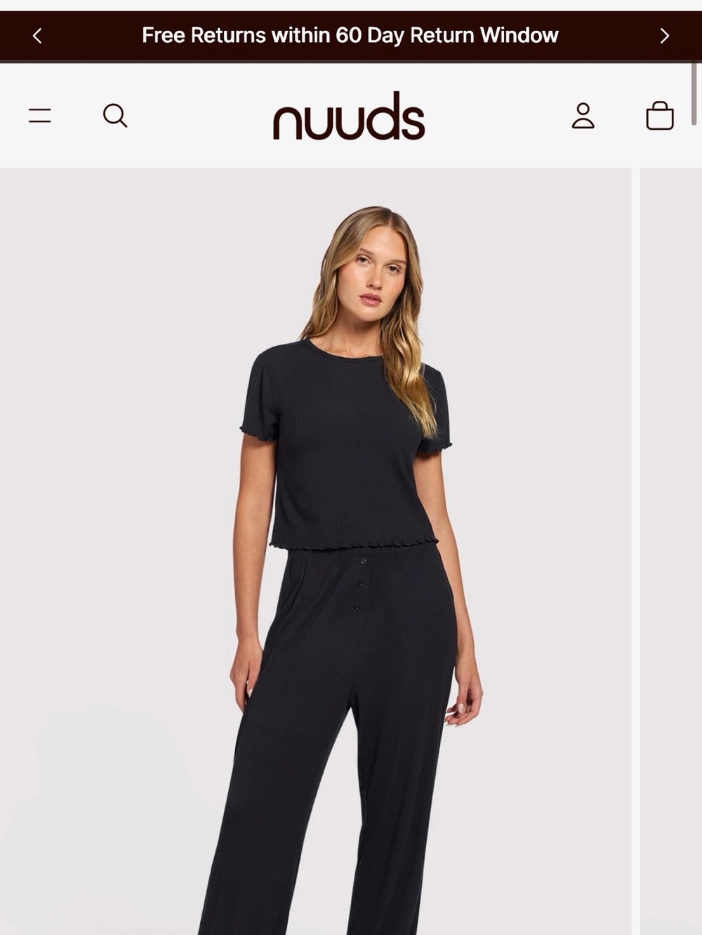 nuuds Women’s Black Ribbed Short Sleeve Lounge Top